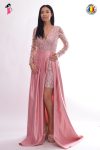 Rochie de seara lunga din tafta roz prafuit cu slit pe picior