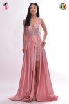 Rochie de seara lunga din tafta roz prafuit cu broderie si slit pe picior
