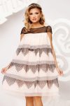 Rochie eleganta cu croiala lejera formata din volane din tull roz prafuit si dantela neagra