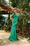 Rochie eleganta tip sirena din tafta verde prevazuta cu volane in partea superioara
