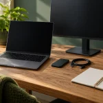Ilustrație cu laptop, monitor, SSD extern și cablu USB pe un birou, lângă un caiet pentru comparații