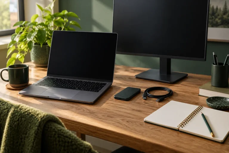 Ilustrație cu laptop, monitor, SSD extern și cablu USB pe un birou, lângă un caiet pentru comparații