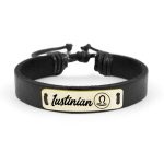 Bratara din piele cu tablita din argint 925 placat cu aur galben 24K personalizata cu nume – Zodia Balanta