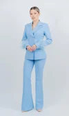 Compleu bleu elegant cu pantaloni evazati