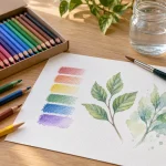 Ilustrație cu creioane colorate, mostre de culoare și desen botanic, alături de pensulă și apă