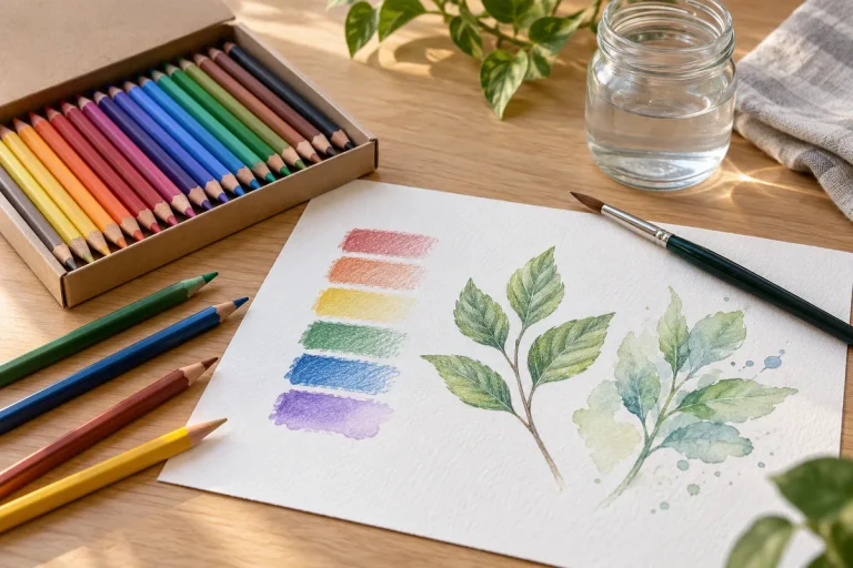 Ilustrație cu creioane colorate, mostre de culoare și desen botanic, alături de pensulă și apă