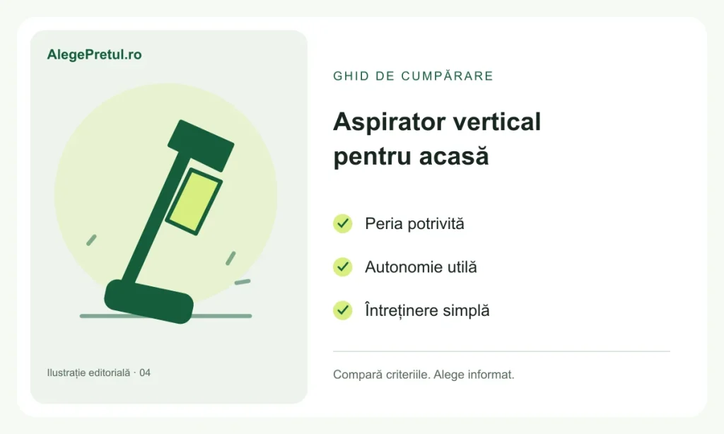 Ilustrație editorială: aspirator vertical fără fir: cum alegi fără să plătești în plus