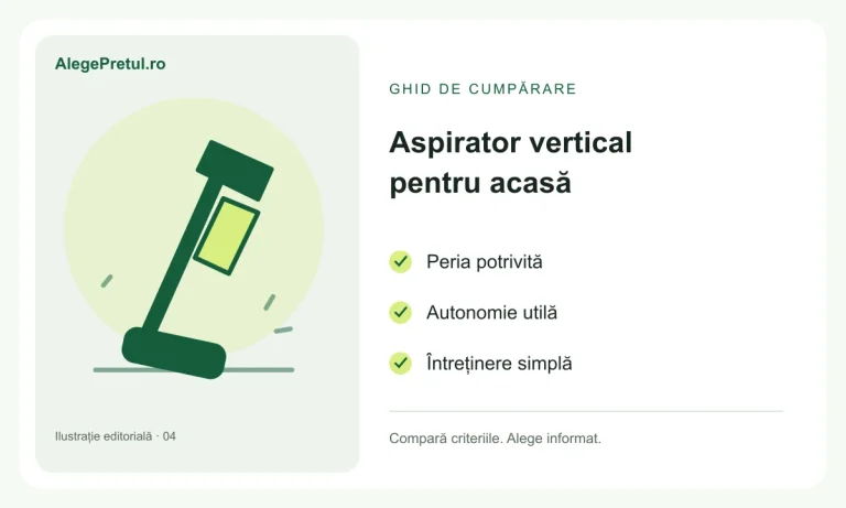 Ilustrație editorială: aspirator vertical fără fir: cum alegi fără să plătești în plus