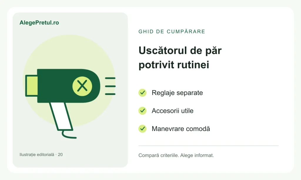 Cum alegi un uscător de păr: reglaje, accesorii și manevrare Ilustrație editorială: cum alegi un uscător de păr: reglaje, accesorii și manevrare