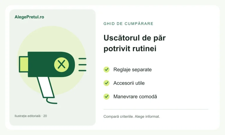 Ilustrație editorială: cum alegi un uscător de păr: reglaje, accesorii și manevrare