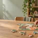 Puzzle din lemn pentru copii, cu piese ilustrate pe o masă de joacă