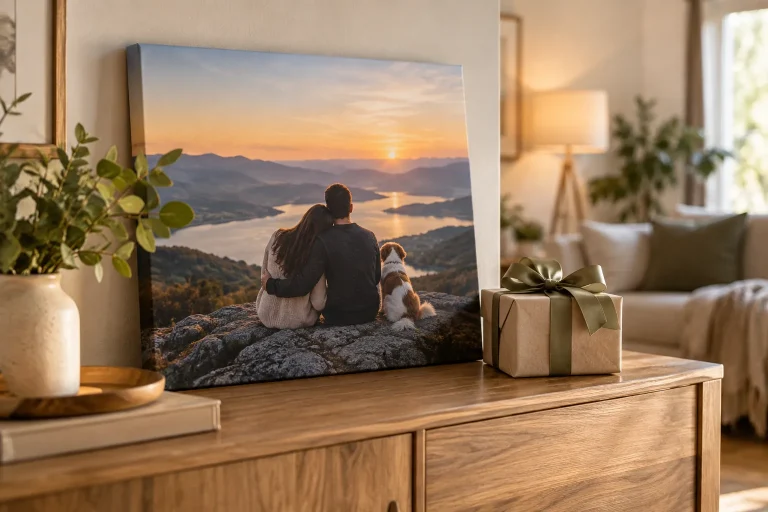 Tablou canvas personalizat și cadou împachetat într-un living