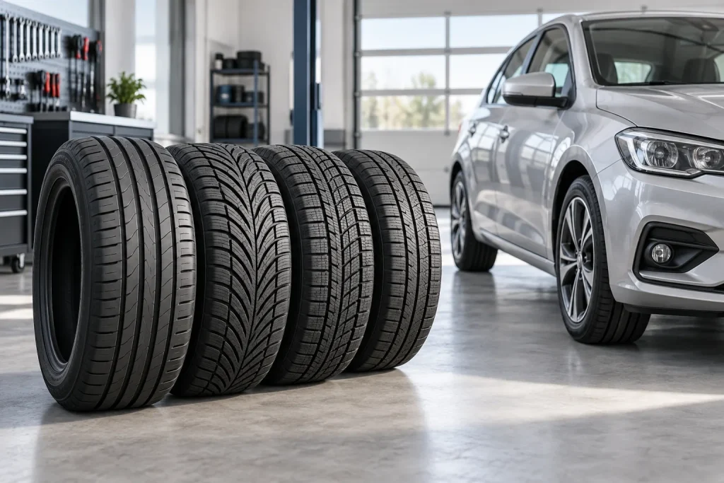 Anvelope auto cu profile diferite lângă o mașină