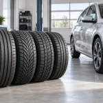 Anvelope auto cu profile diferite lângă o mașină