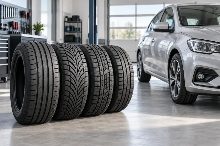 Anvelope auto cu profile diferite lângă o mașină