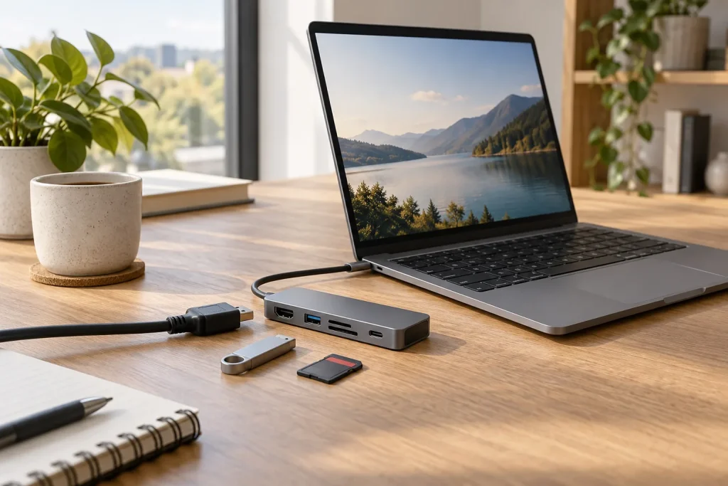 Hub USB-C pentru laptop: ce porturi verifici înainte să cumperi Laptop conectat la un hub USB-C cu HDMI, USB și cititor de carduri