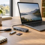 Laptop conectat la un hub USB-C cu HDMI, USB și cititor de carduri
