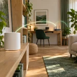 Nod mesh și router Wi-Fi într-un living cu birou de acasă
