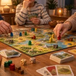 Familie alegând un joc de societate la masa din sufragerie