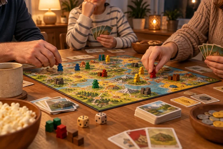 Familie alegând un joc de societate la masa din sufragerie
