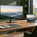 Monitor conectat prin USB-C la laptop pe un birou de acasă