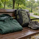 Jachetă impermeabilă pentru plimbări lângă rucsac și pantofi