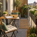 Balcon mic amenajat cu masă pliabilă, scaune și ruletă pentru măsurători