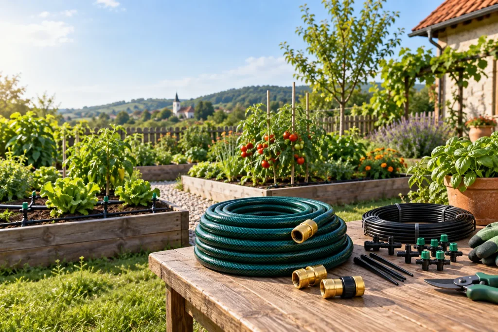 Furtun de grădină, racorduri și sistem de udare lângă straturi de legume