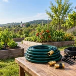 Furtun de grădină, racorduri și sistem de udare lângă straturi de legume