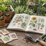 Carte ilustrată de grădinărit pentru începători pe masa de plantare