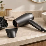 Uscător de păr cu difuzor și concentrator pe o masă de baie