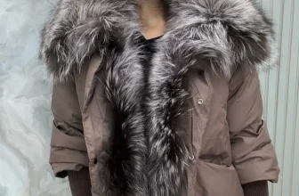Geaca maro/gri cu blana naturala detasabila si puf de gasca
