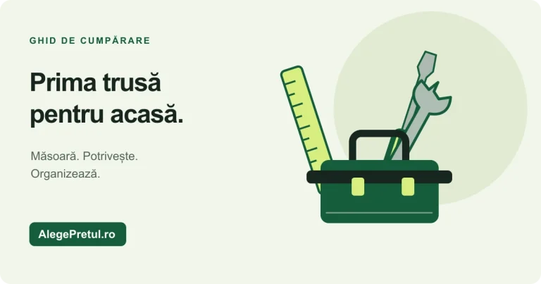 Ilustrație cu unelte de măsurare, înșurubare și o cutie pentru organizare