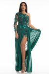 Rochie de seara lunga verde din voal cu aplicatie de flori 3D