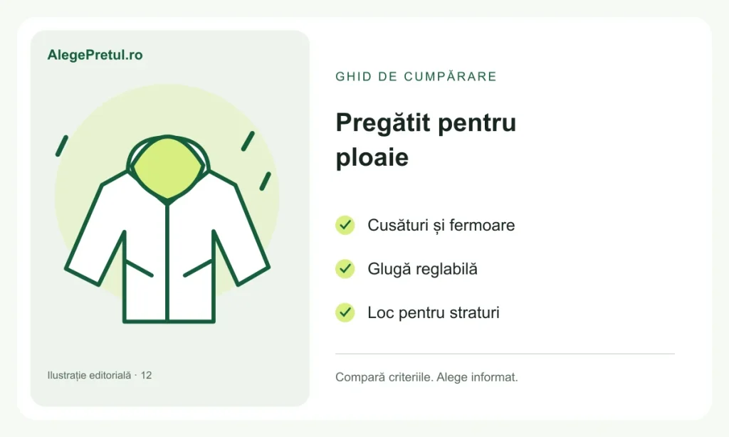 Ilustrație editorială: jachetă de ploaie pentru plimbări: ce contează la cumpărare