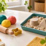 Plastilină colorată și nisip de modelaj într-o tavă, cu forme și accesorii pentru joacă
