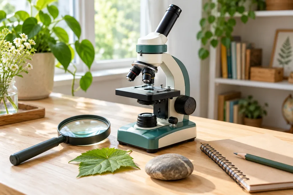 Microscop pentru copii: lupă, model de explorare sau microscop cu lame? Ilustrație cu microscop de masă, lupă, frunză și caiet pentru explorarea naturii