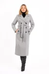 Palton dama gri lung cu talia marcata de un cordon detasabil si doua randuri de nasturi