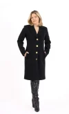 Palton dama cambrat negru cu nasturi metalici si buzunare laterale