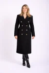 Palton negru cambrat cu șliț la spate și două rânduri de nasturi