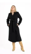 Palton dama negru lung cu doua randuri de nasturi si slit la spate