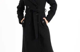 Palton dama negru lung cu doua randuri de nasturi si slit la spate