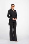 Pantaloni evazati negri cu talie inalta si inchidere in partea din fata