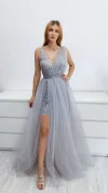 Rochie lunga din tull gri cu broderie argintie pretioasa