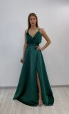 Rochie lunga verde din tafta cu design deosebit la bust si slit pe picior