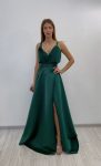 Rochie lunga verde din tafta cu design deosebit la bust si slit pe picior