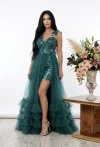 Rochie lunga din tull verde cu broderie florala 3D si perle