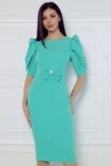Rochie eleganta aqua cu funda la talie si maneca scurta bufanta