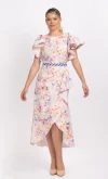 Rochie eleganta cu imprimeu floral asimetrica prevazuta cu volane si centura impletita
