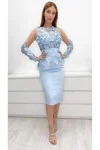 Rochie eleganta din tafta bleu cu broderie florala 3D